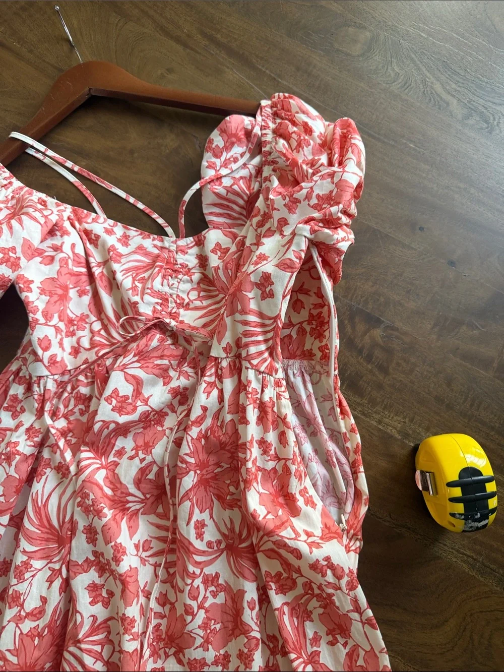 Aqua Coral and Creme White Floral Cotton Maxi Dress with Puff Sleeves Sz Small